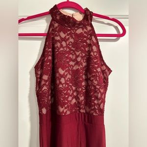 Red and lace floor length gown with slit